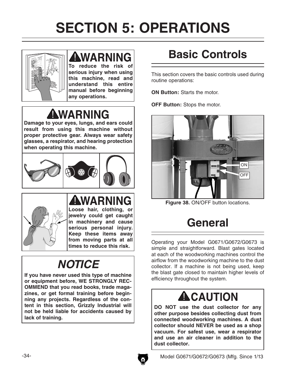 Notice, Basic controls, General | Grizzly G0671 User Manual | Page 36 / 56