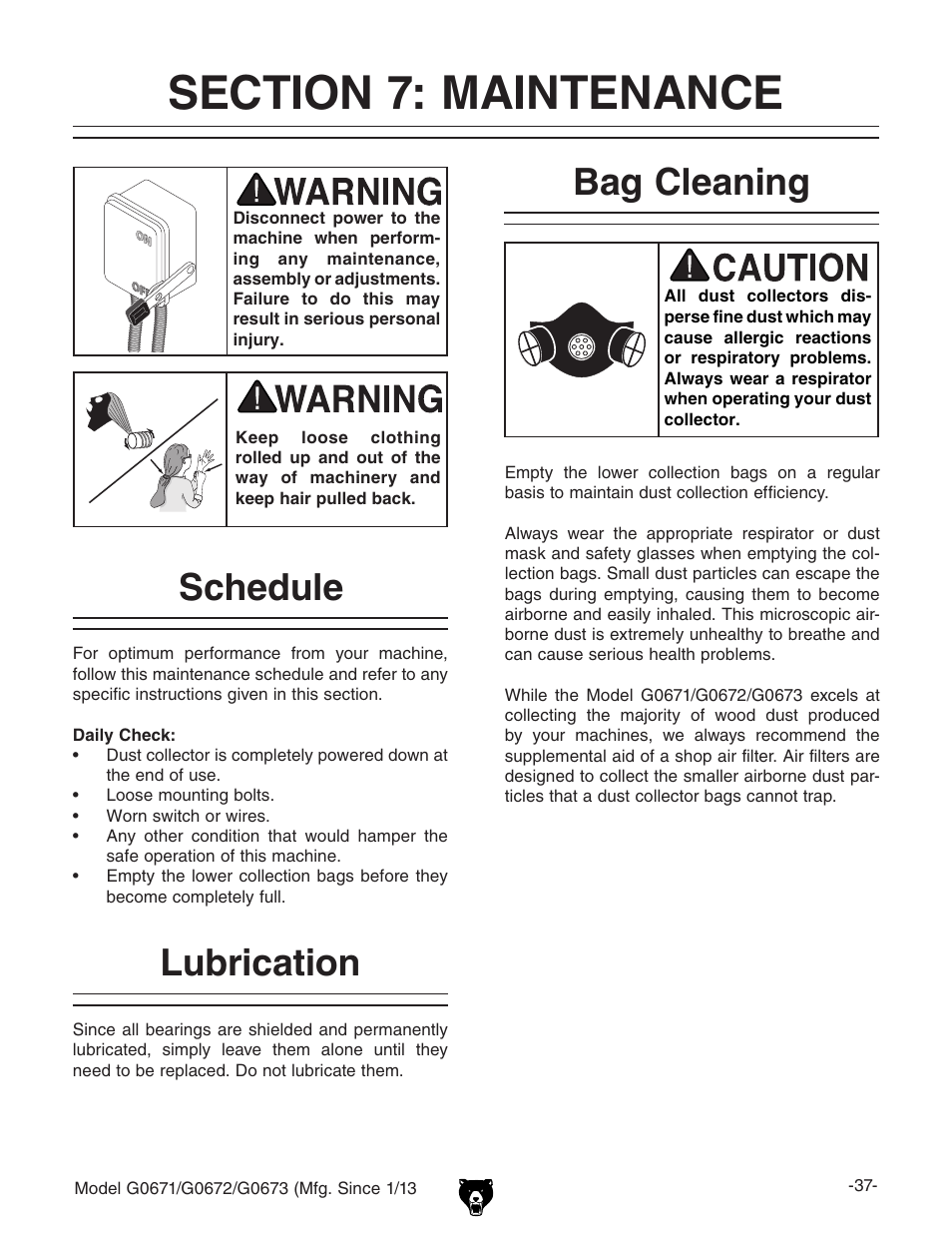 Schedule, Lubrication, Bag cleaning | Grizzly G0671 User Manual | Page 39 / 56