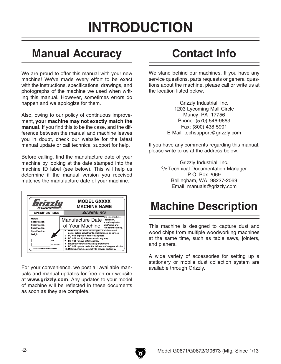 Introduction, Contact info, Machine description manual accuracy | Grizzly G0671 User Manual | Page 4 / 56