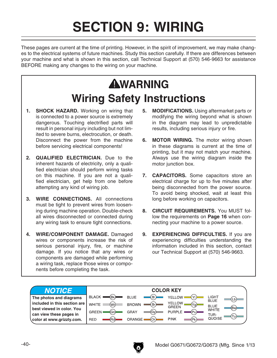 Wiring safety instructions | Grizzly G0671 User Manual | Page 42 / 56