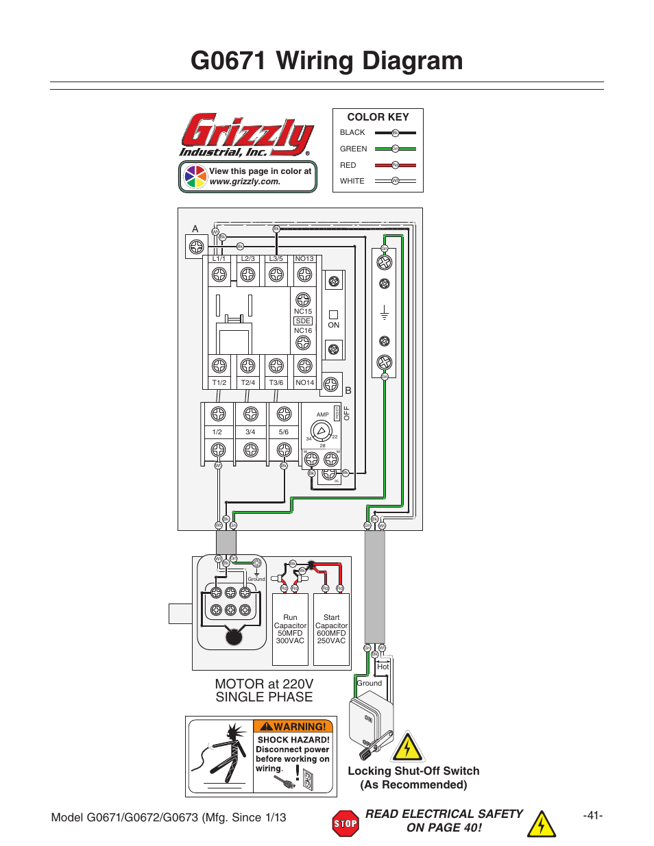 G0671 wiring diagram, Motor at 220v single phase, Locking shut-off switch (as recommended) | Color key | Grizzly G0671 User Manual | Page 43 / 56