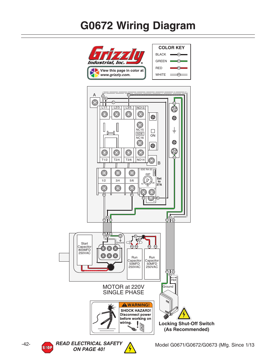 G0672 wiring diagram, Motor at 220v single phase, Locking shut-off switch (as recommended) | Color key | Grizzly G0671 User Manual | Page 44 / 56