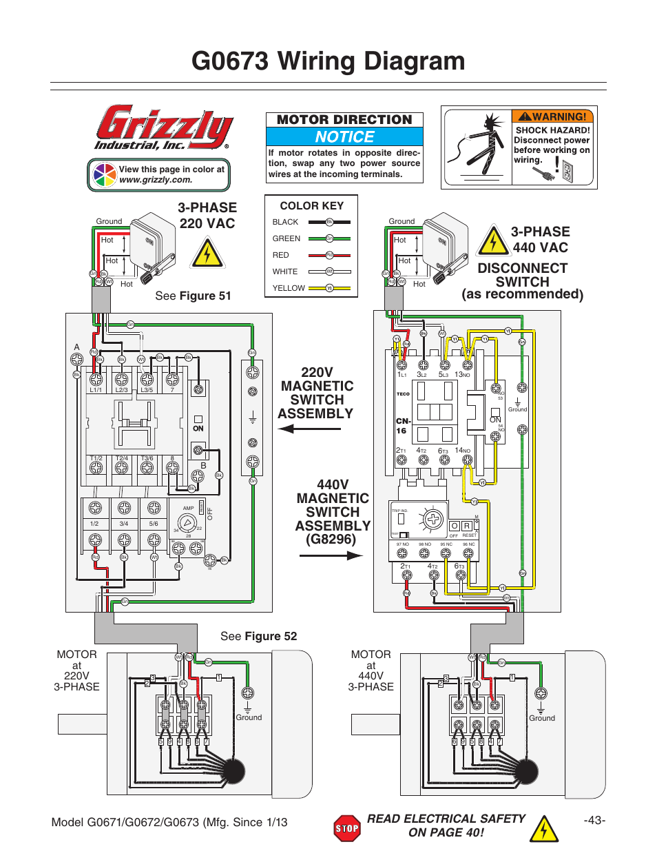 G0673 wiring diagram, 220v magnetic switch assembly, Motor direction | See figure 51 see figure 52, Color key | Grizzly G0671 User Manual | Page 45 / 56