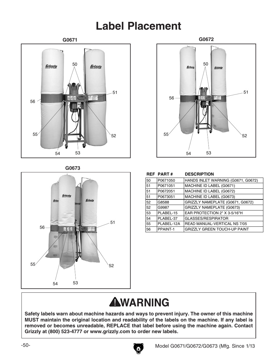 Label placement | Grizzly G0671 User Manual | Page 52 / 56