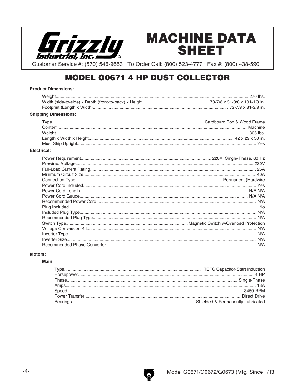 Machine data sheet | Grizzly G0671 User Manual | Page 6 / 56