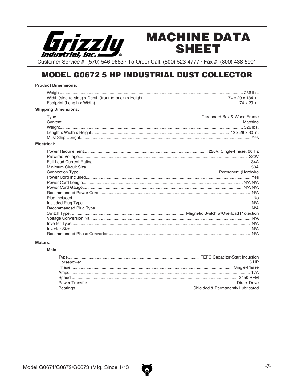 Machine data sheet | Grizzly G0671 User Manual | Page 9 / 56