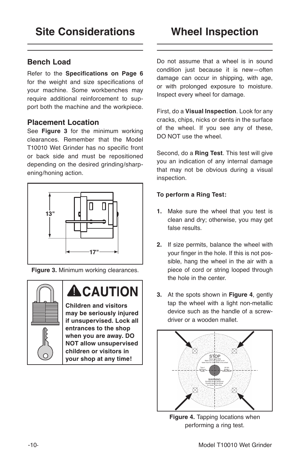 Site considerations, Wheel inspection, Bench load | Placement location | Grizzly T10010 User Manual | Page 10 / 28