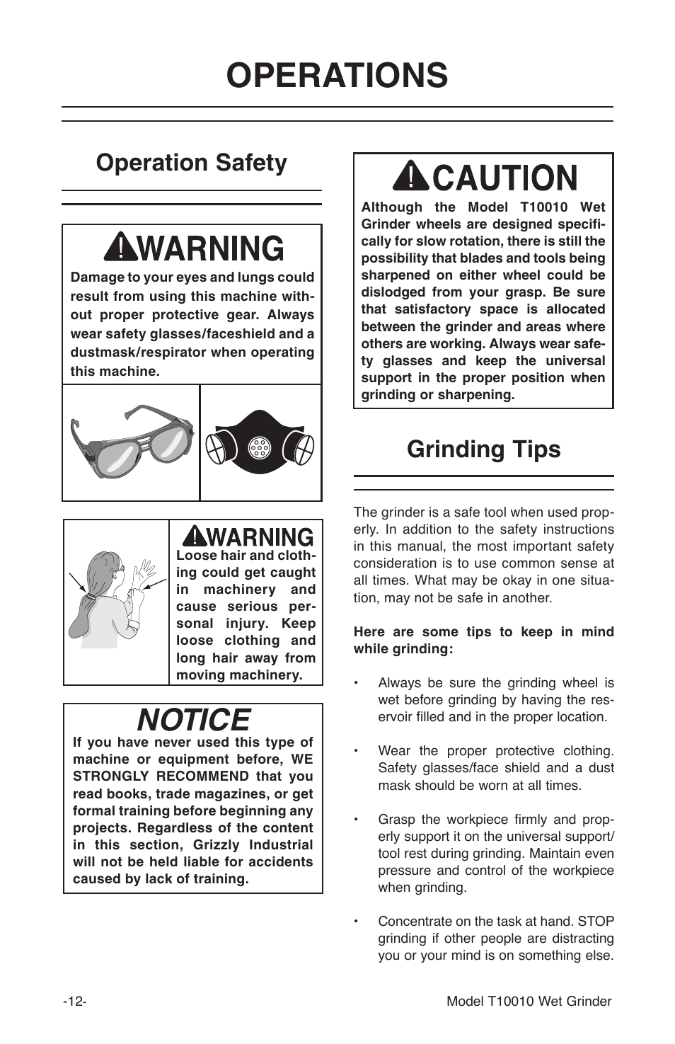 Operations, Notice, Grinding tips | Operation safety | Grizzly T10010 User Manual | Page 12 / 28