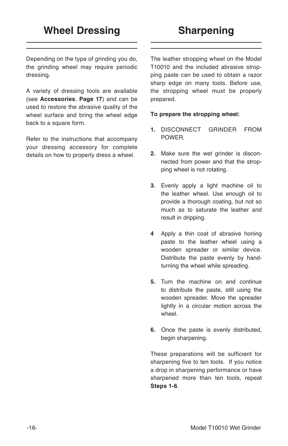 Wheel dressing, Sharpening | Grizzly T10010 User Manual | Page 16 / 28