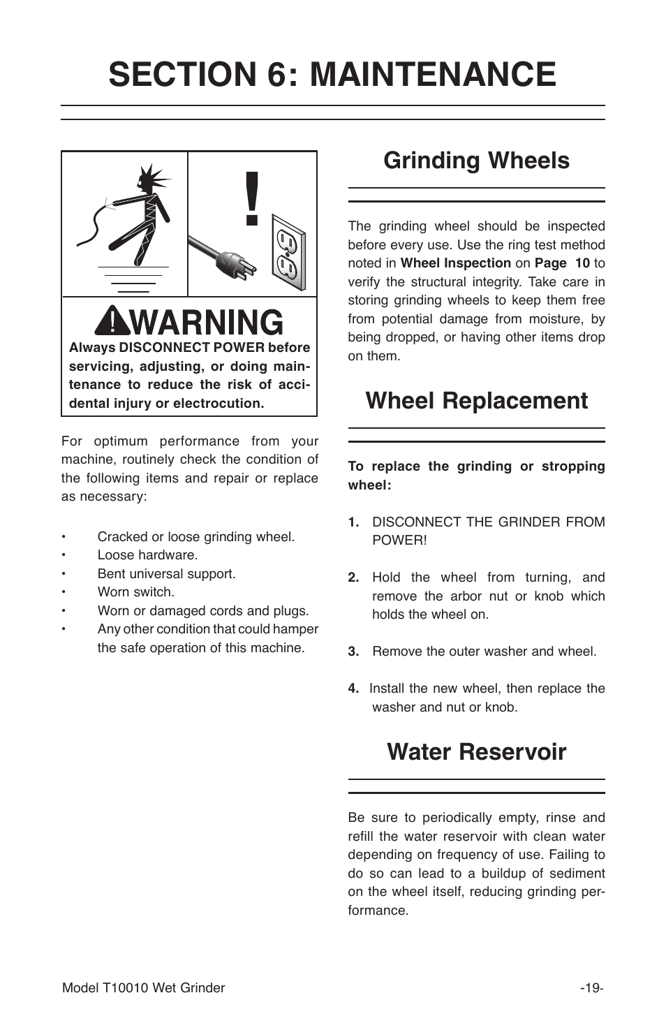 Water reservoir, Grinding wheels, Wheel replacement | Grizzly T10010 User Manual | Page 19 / 28