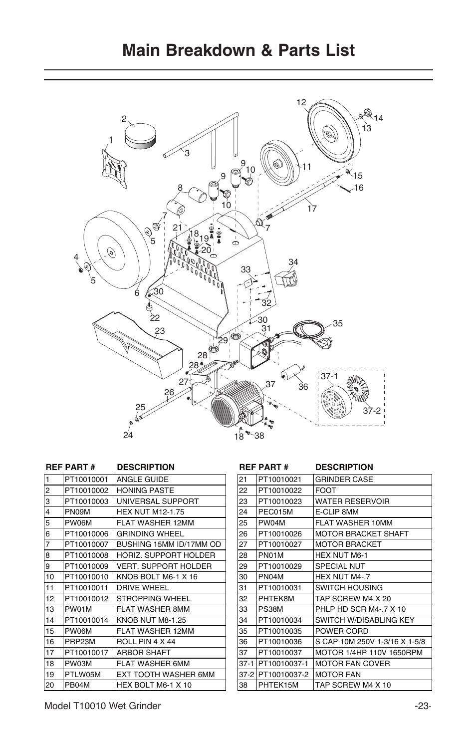 Main breakdown & parts list | Grizzly T10010 User Manual | Page 23 / 28