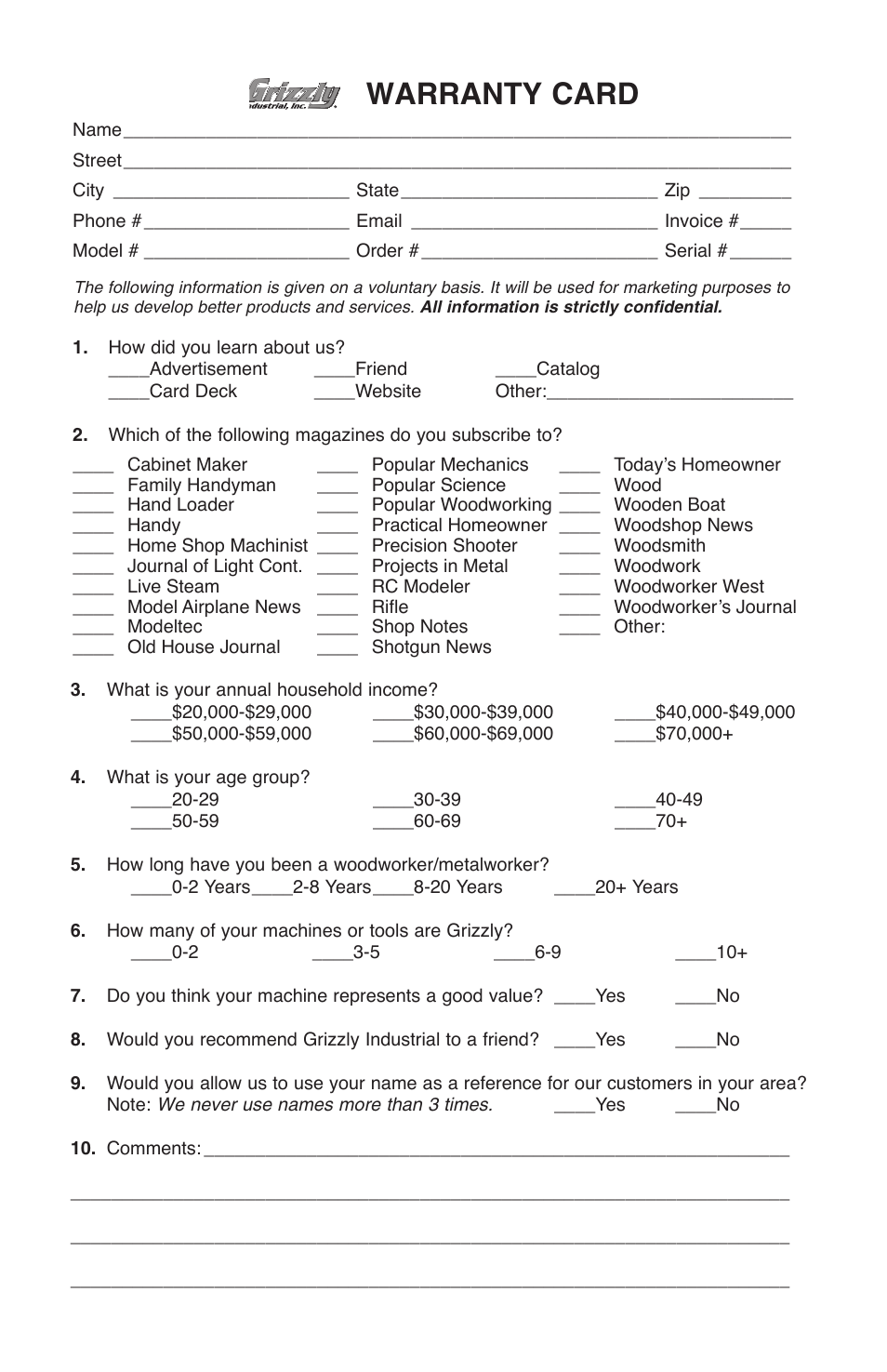 Warranty card | Grizzly T10010 User Manual | Page 25 / 28