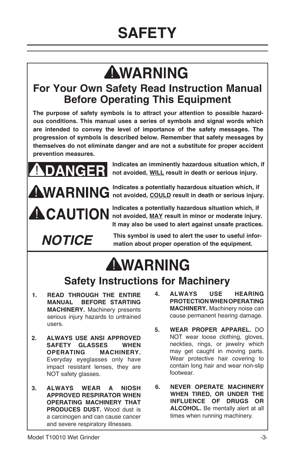 Safety, Notice, Safety instructions for machinery | Grizzly T10010 User Manual | Page 3 / 28