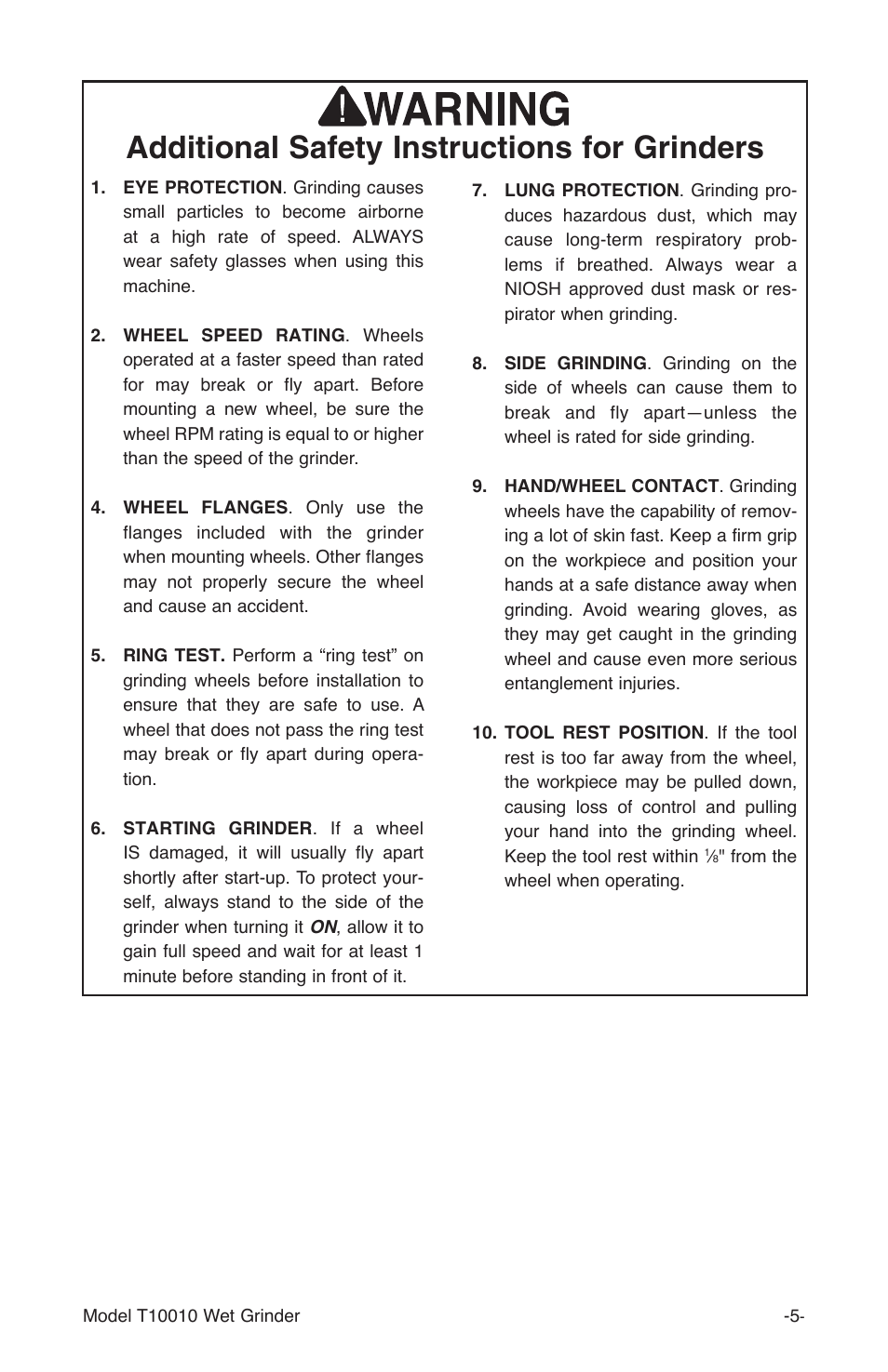 Additional safety instructions for grinders | Grizzly T10010 User Manual | Page 5 / 28