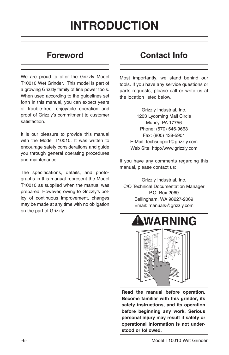 Introduction, Foreword contact info | Grizzly T10010 User Manual | Page 6 / 28
