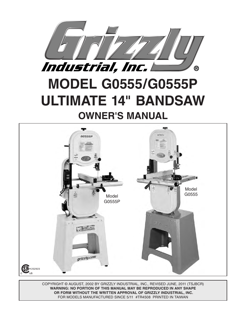 Grizzly Ultimate 14" Bandsaw G0555 User Manual | 68 pages