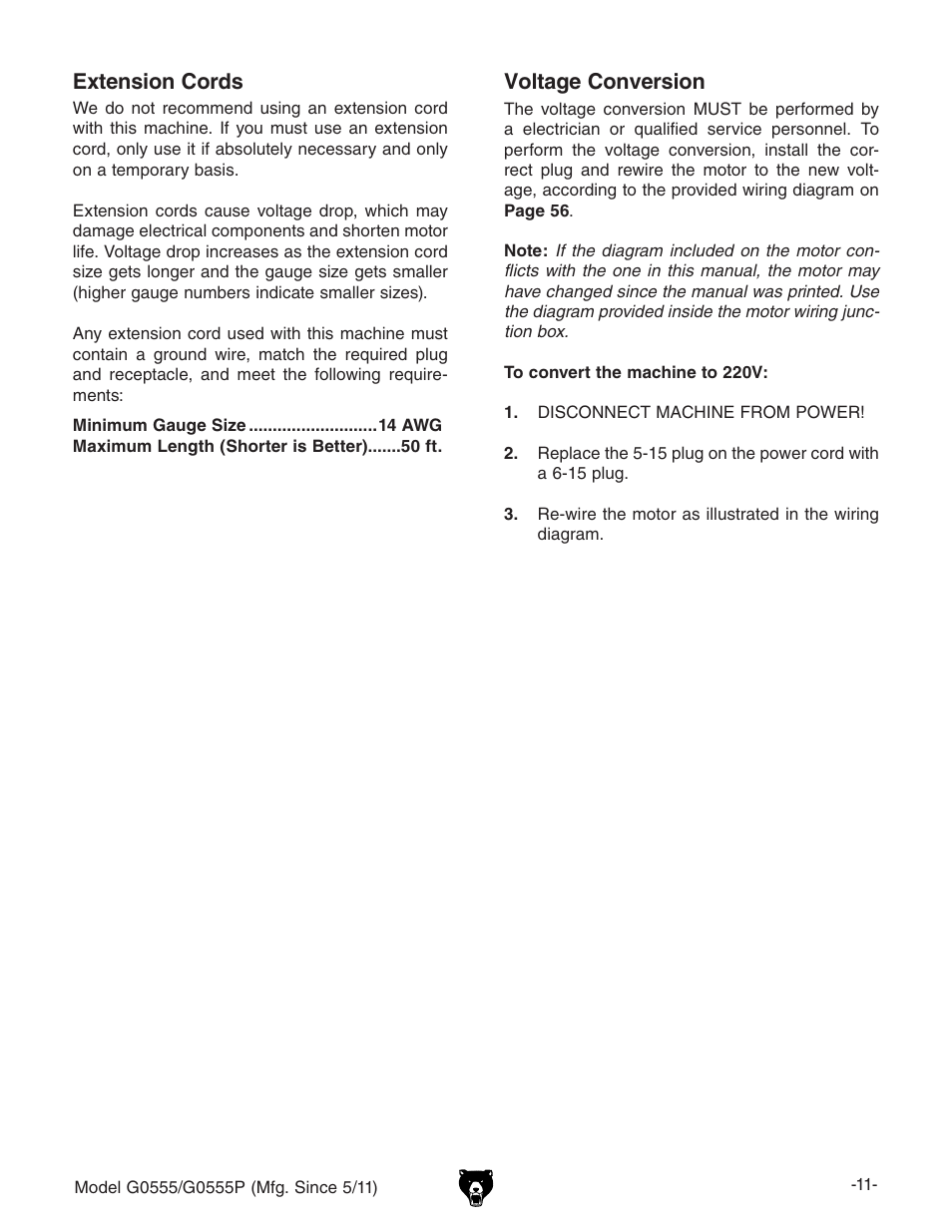 Voltage conversion, Extension cords | Grizzly Ultimate 14" Bandsaw G0555 User Manual | Page 13 / 68