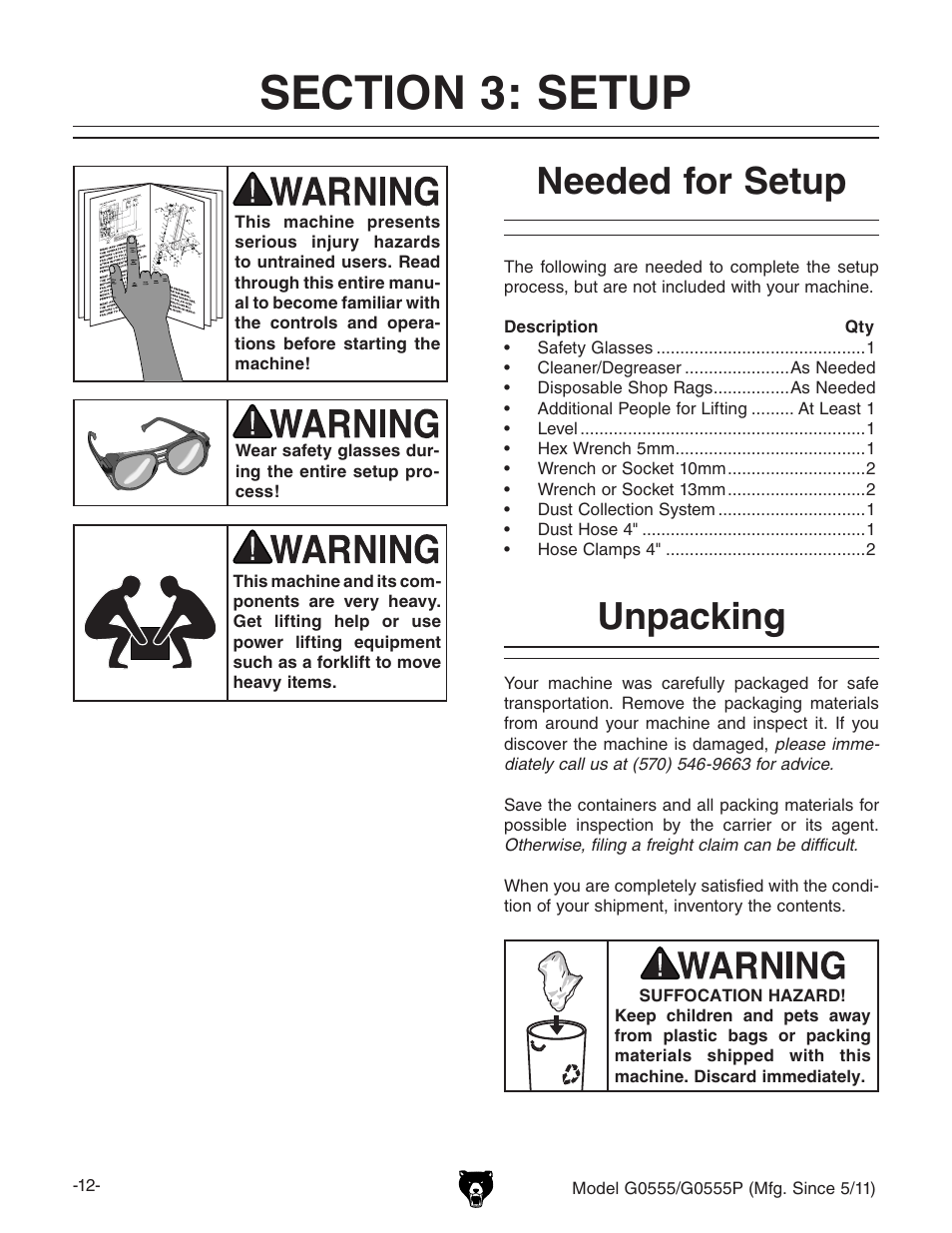 Needed for setup, Unpacking | Grizzly Ultimate 14" Bandsaw G0555 User Manual | Page 14 / 68