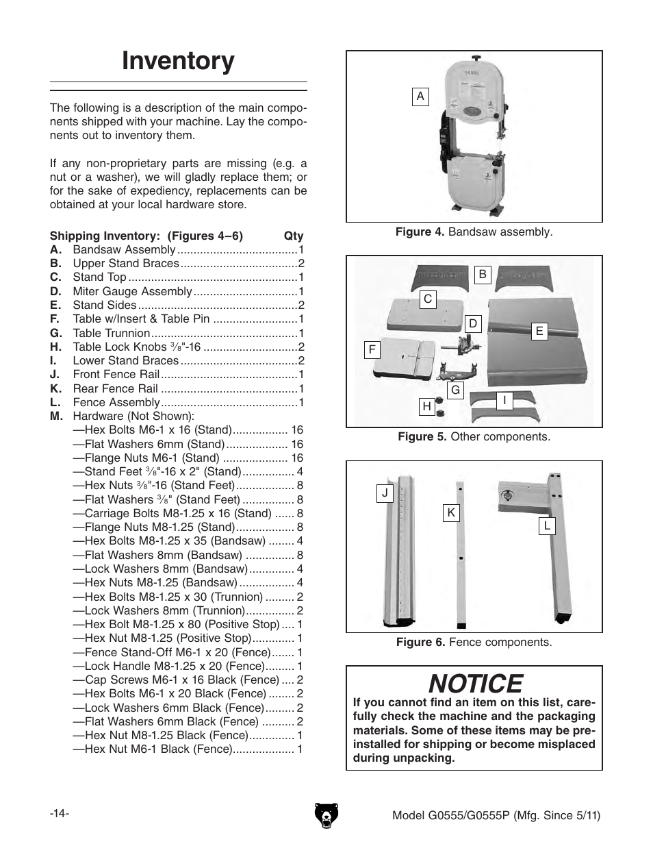 Inventory, Notice | Grizzly Ultimate 14" Bandsaw G0555 User Manual | Page 16 / 68
