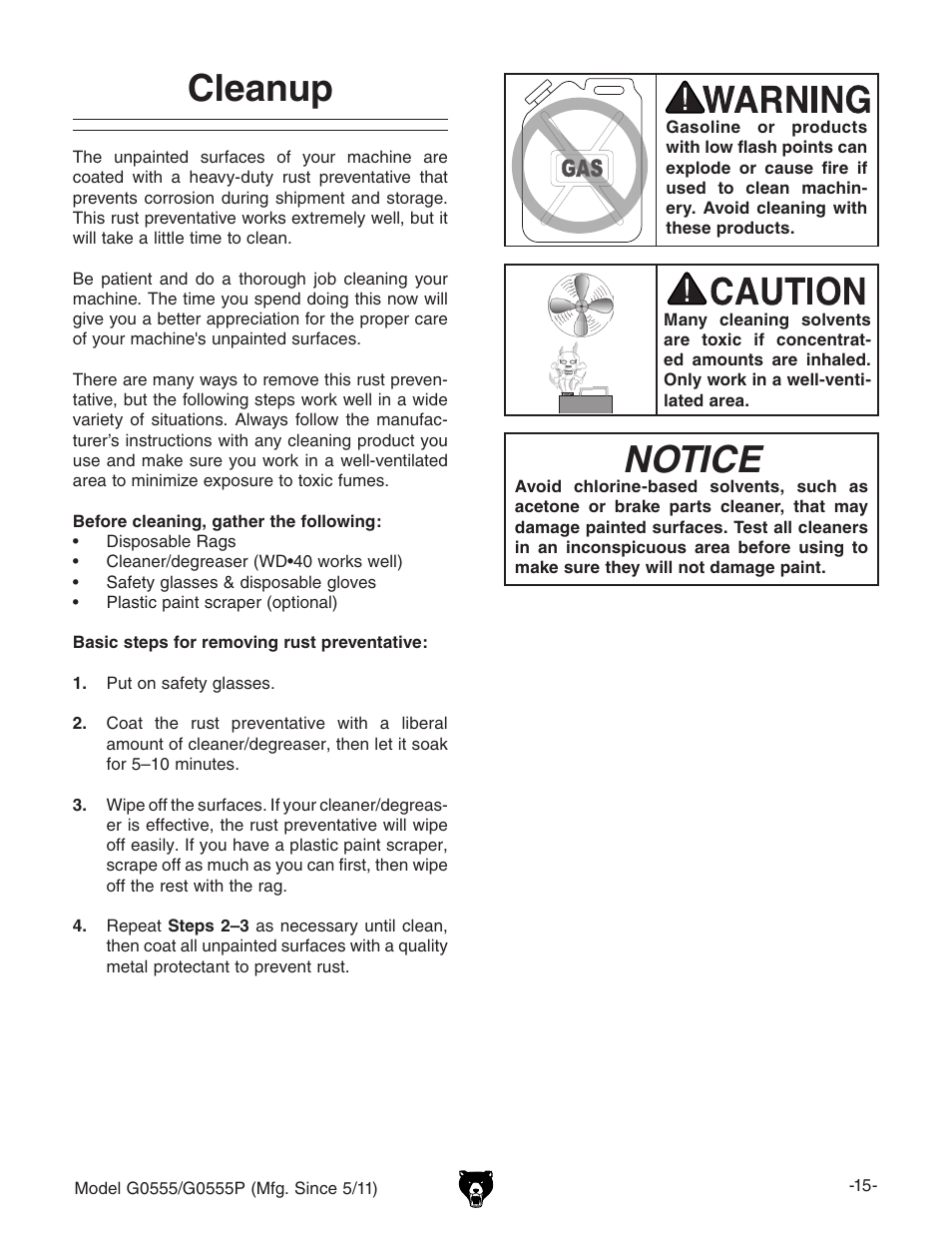 Notice, Cleanup | Grizzly Ultimate 14" Bandsaw G0555 User Manual | Page 17 / 68