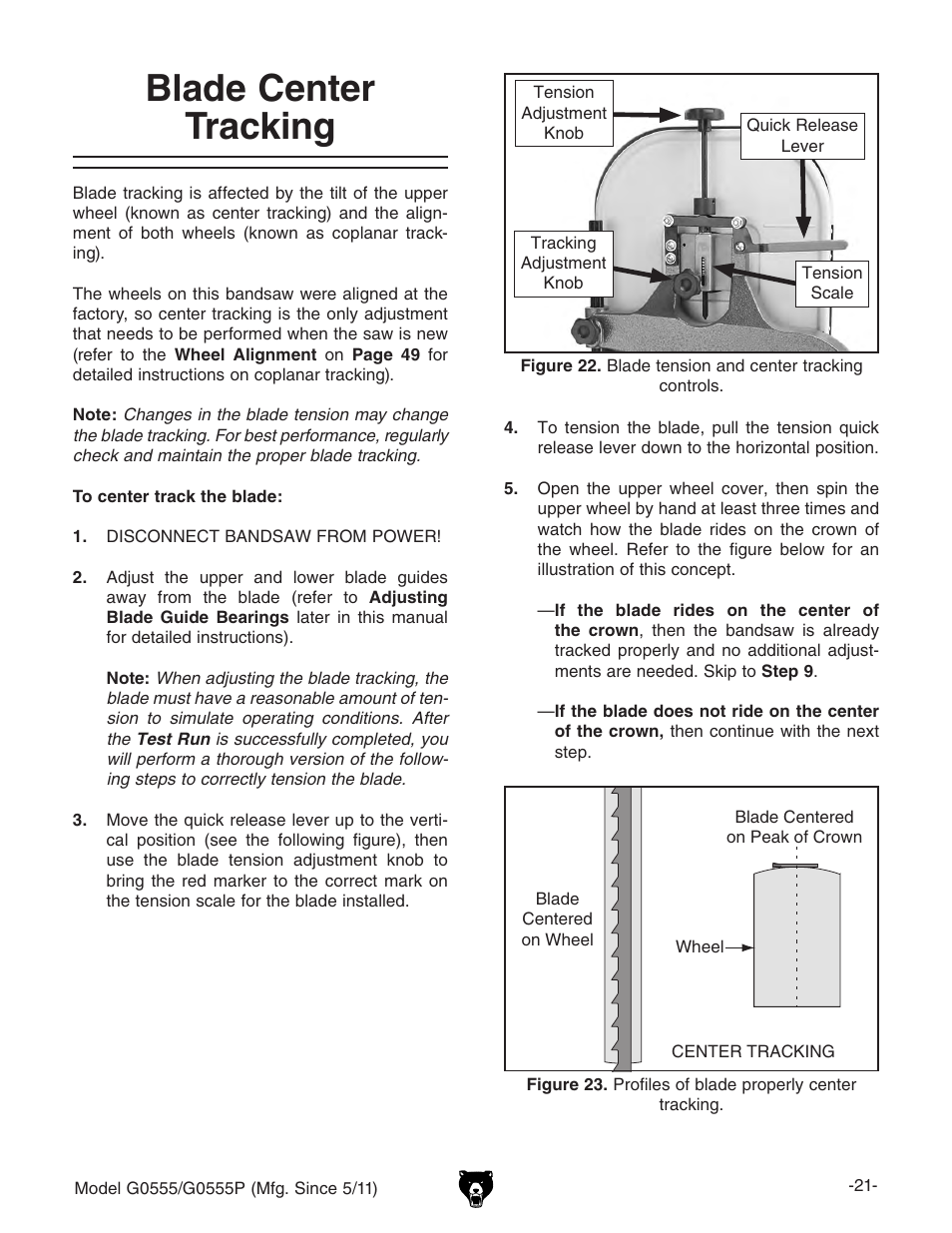 Blade center tracking | Grizzly Ultimate 14" Bandsaw G0555 User Manual | Page 23 / 68