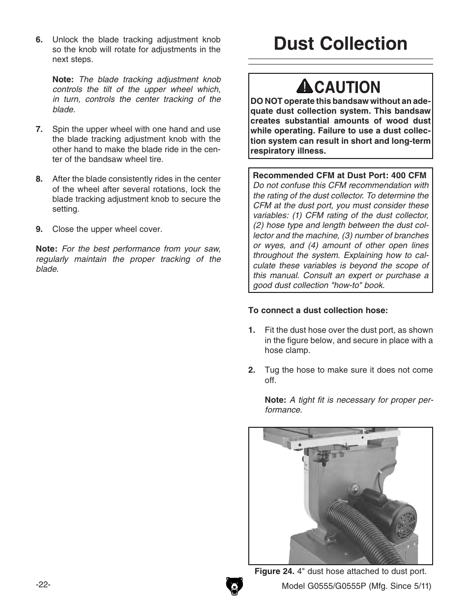 Dust collection | Grizzly Ultimate 14" Bandsaw G0555 User Manual | Page 24 / 68