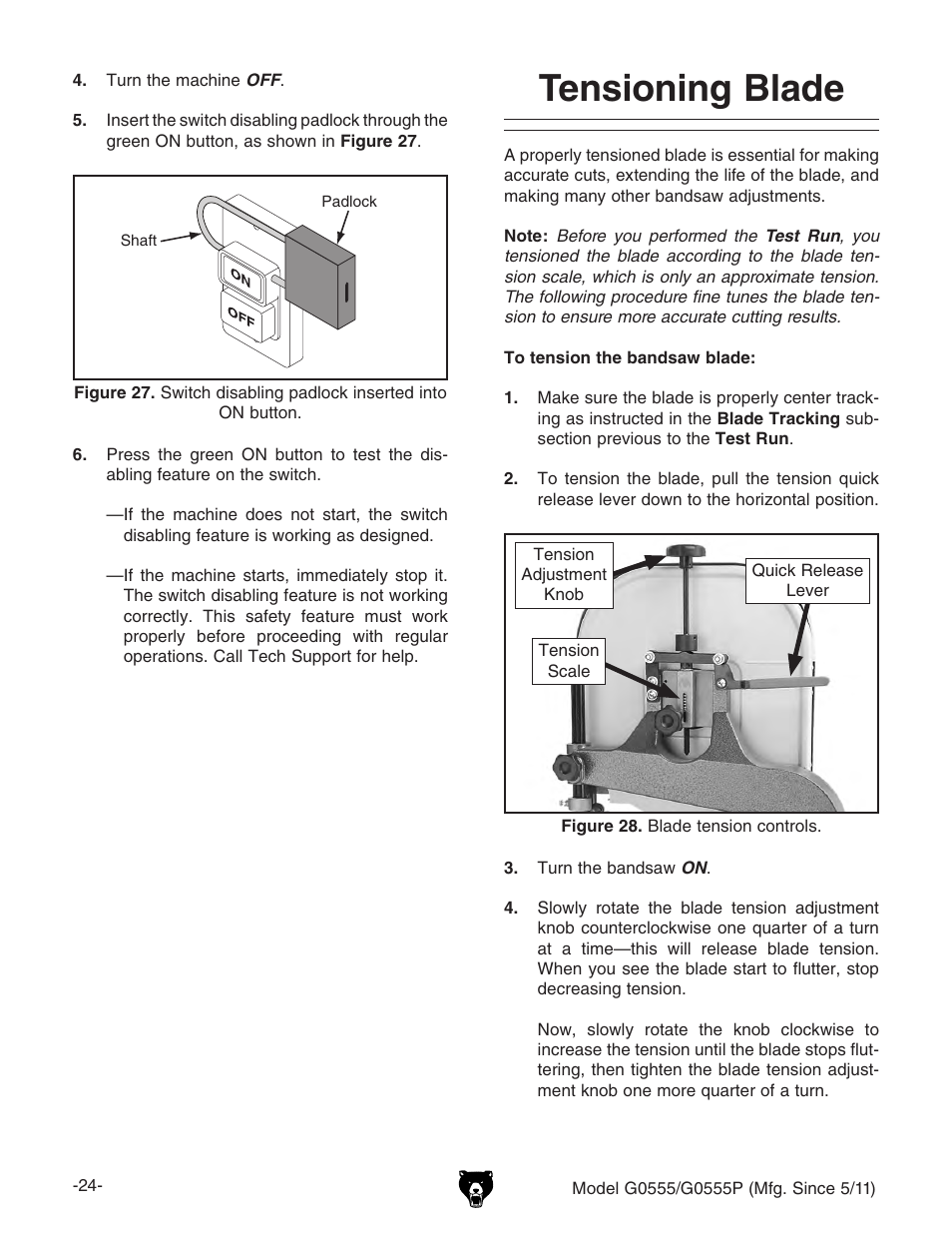 Tensioning blade | Grizzly Ultimate 14" Bandsaw G0555 User Manual | Page 26 / 68