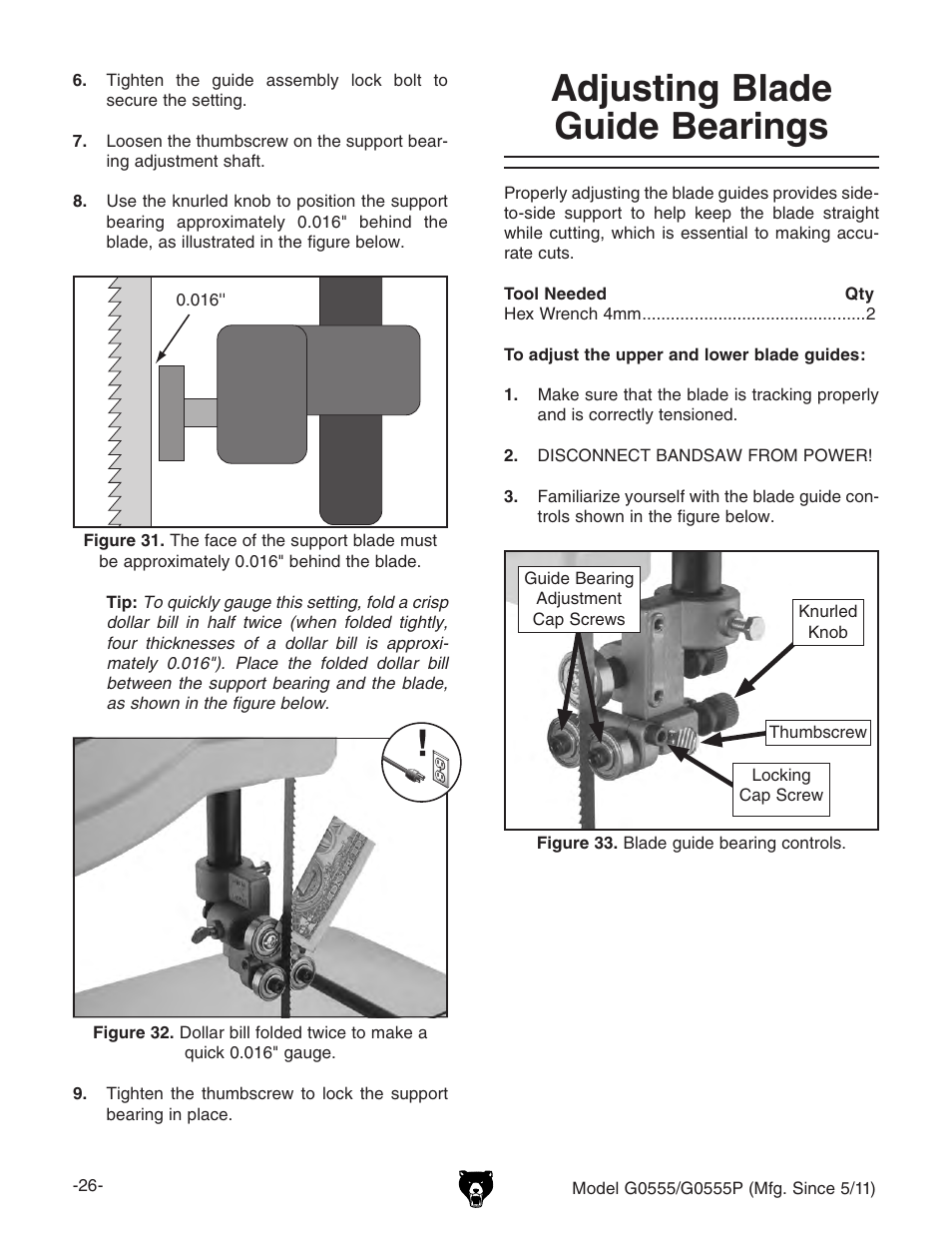 Adjusting blade guide bearings | Grizzly Ultimate 14" Bandsaw G0555 User Manual | Page 28 / 68