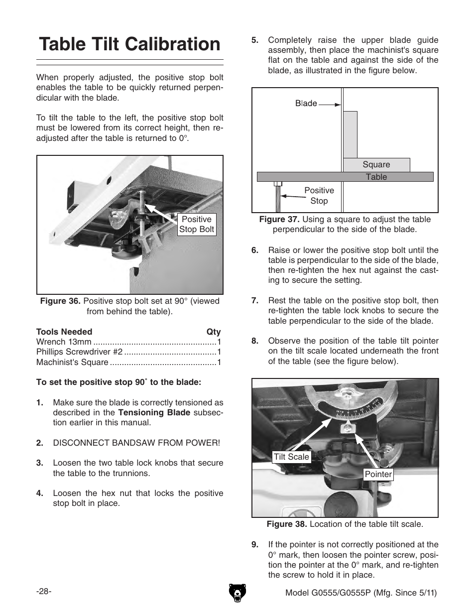 Table tilt calibration | Grizzly Ultimate 14" Bandsaw G0555 User Manual | Page 30 / 68