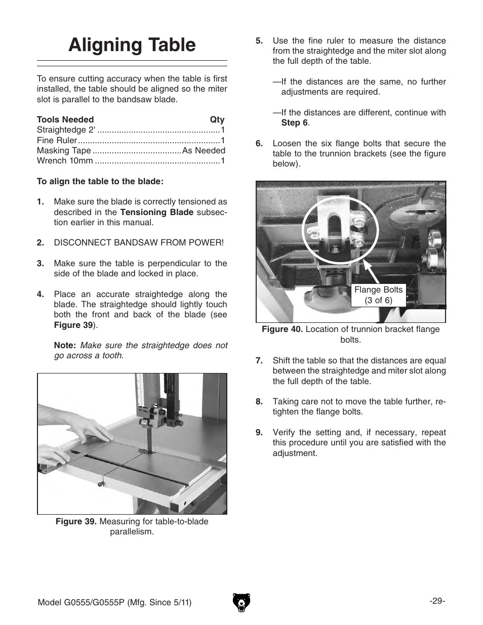 Aligning table | Grizzly Ultimate 14" Bandsaw G0555 User Manual | Page 31 / 68