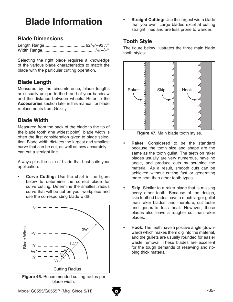 Blade information, Blade length, Blade width | Blade dimensions, Tooth style | Grizzly Ultimate 14" Bandsaw G0555 User Manual | Page 37 / 68