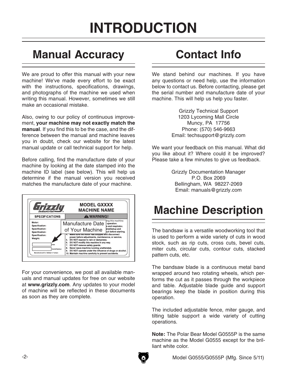 Introduction, Machine description, Contact info | Manual accuracy | Grizzly Ultimate 14" Bandsaw G0555 User Manual | Page 4 / 68