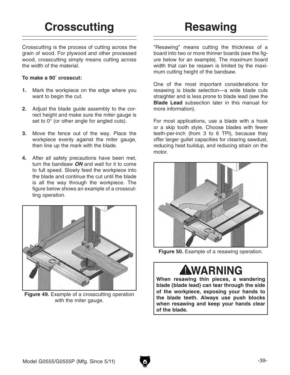 Crosscutting, Resawing | Grizzly Ultimate 14" Bandsaw G0555 User Manual | Page 41 / 68