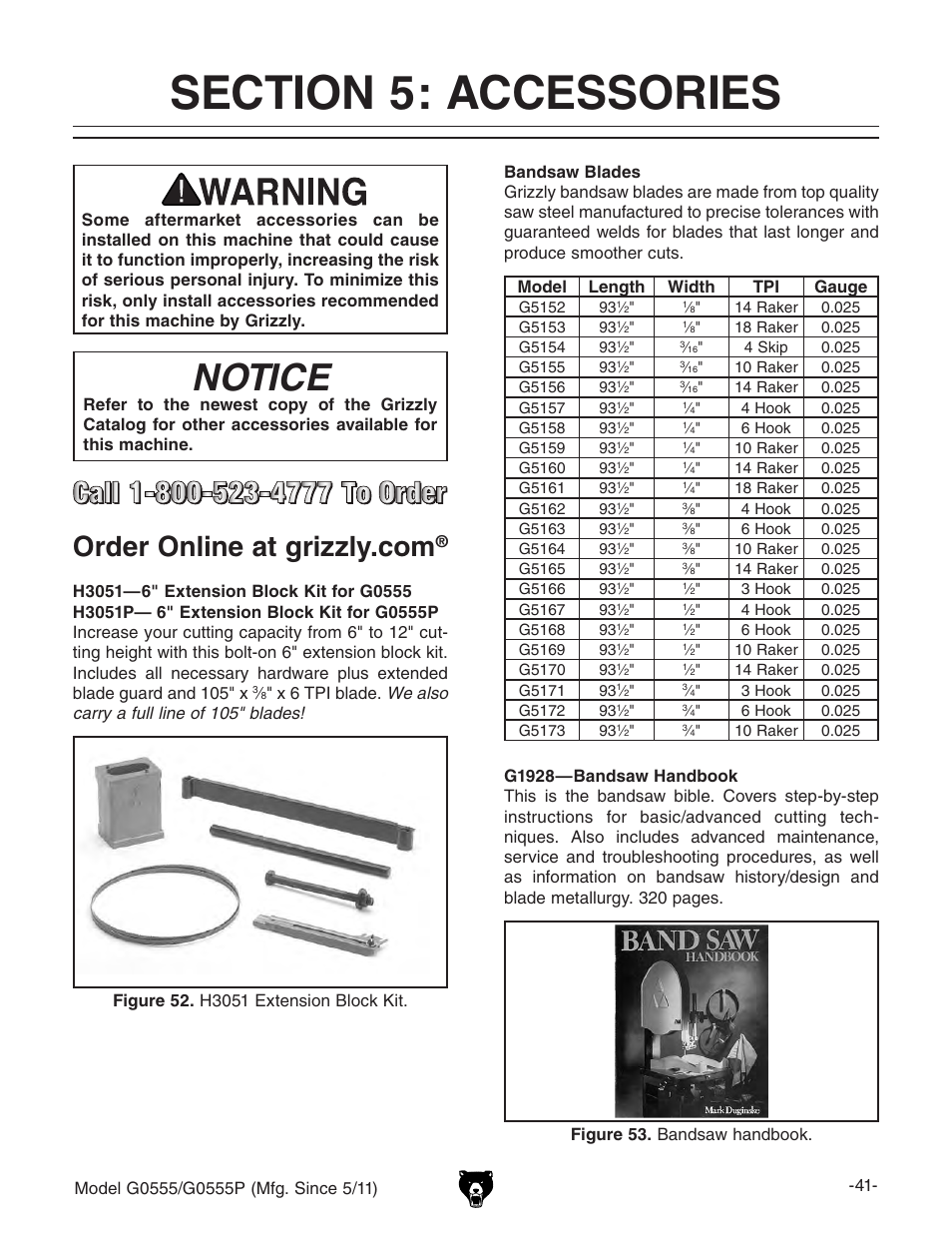 Notice | Grizzly Ultimate 14" Bandsaw G0555 User Manual | Page 43 / 68