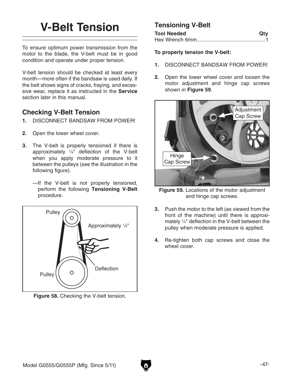 V-belt tension, Checking v-belt tension, Tensioning v-belt | Grizzly Ultimate 14" Bandsaw G0555 User Manual | Page 49 / 68