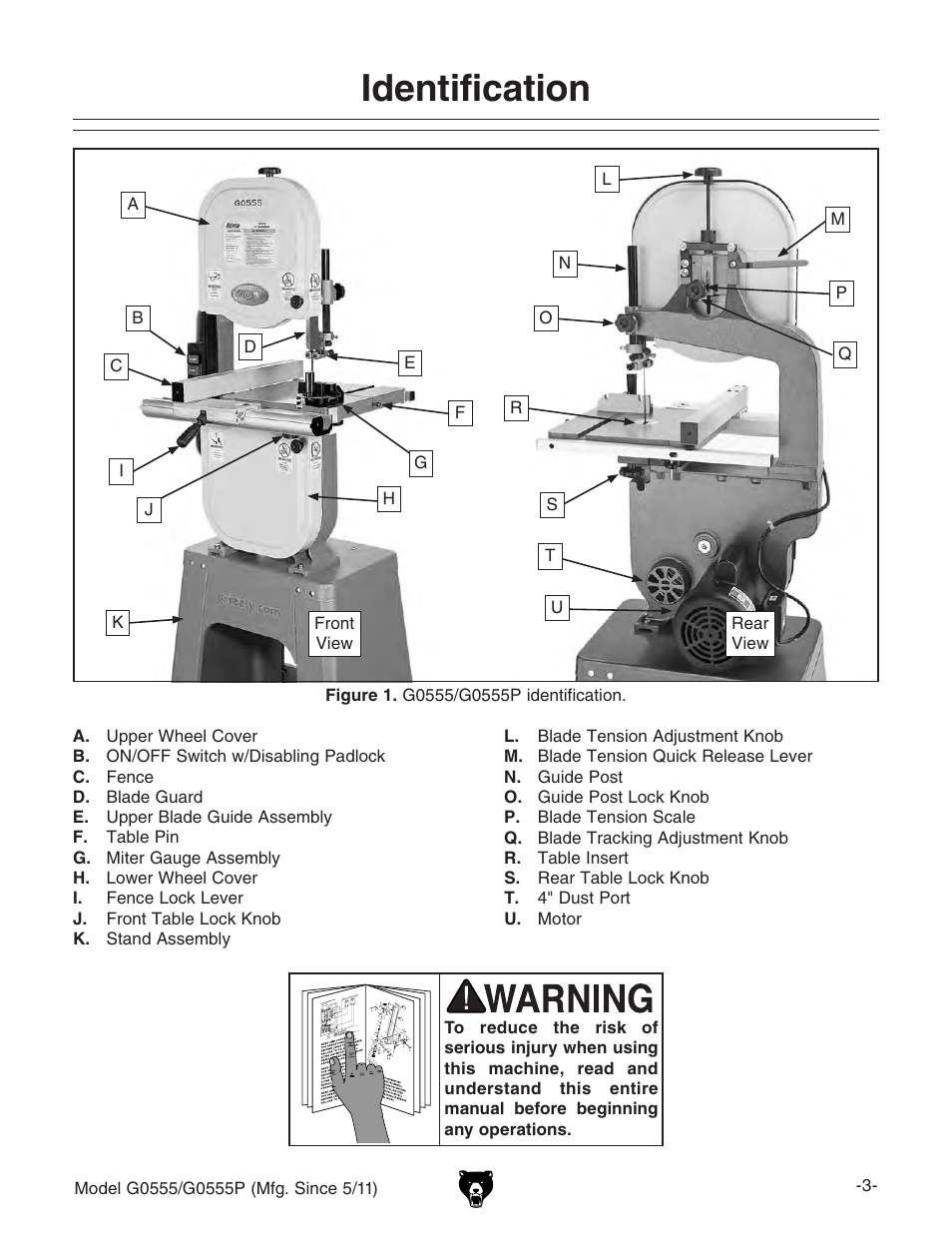 Identification | Grizzly Ultimate 14" Bandsaw G0555 User Manual | Page 5 / 68
