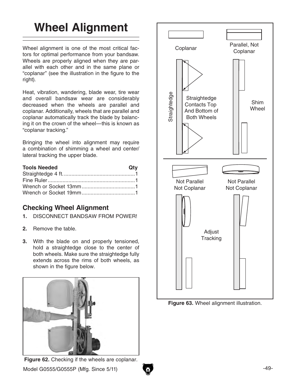 Wheel alignment | Grizzly Ultimate 14" Bandsaw G0555 User Manual | Page 51 / 68