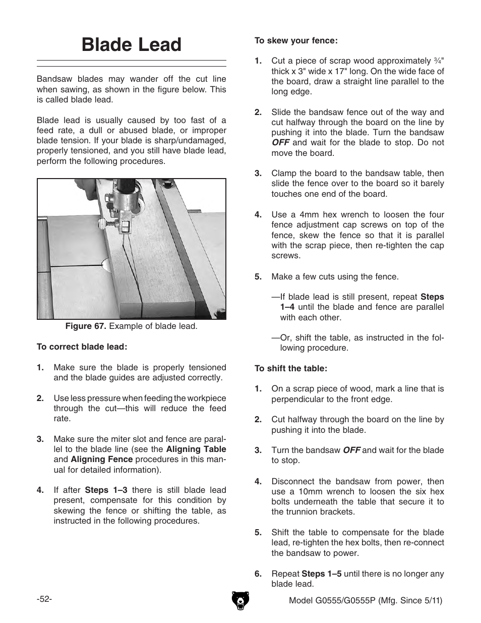 Blade lead | Grizzly Ultimate 14" Bandsaw G0555 User Manual | Page 54 / 68