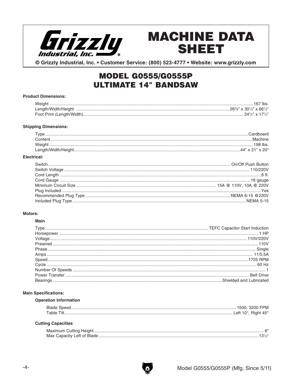 Machine data sheet | Grizzly Ultimate 14" Bandsaw G0555 User Manual | Page 6 / 68