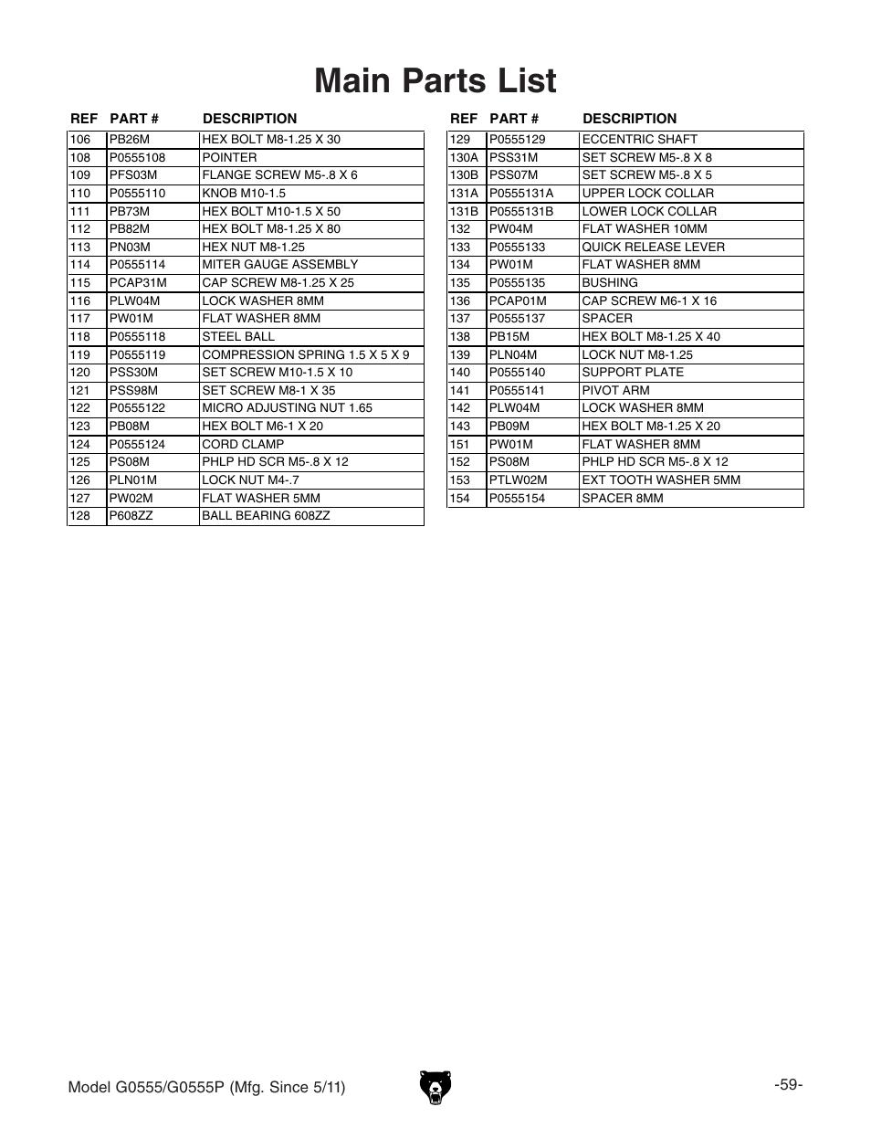 Main parts list | Grizzly Ultimate 14" Bandsaw G0555 User Manual | Page 61 / 68