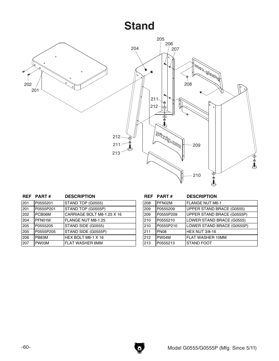 Stand | Grizzly Ultimate 14" Bandsaw G0555 User Manual | Page 62 / 68