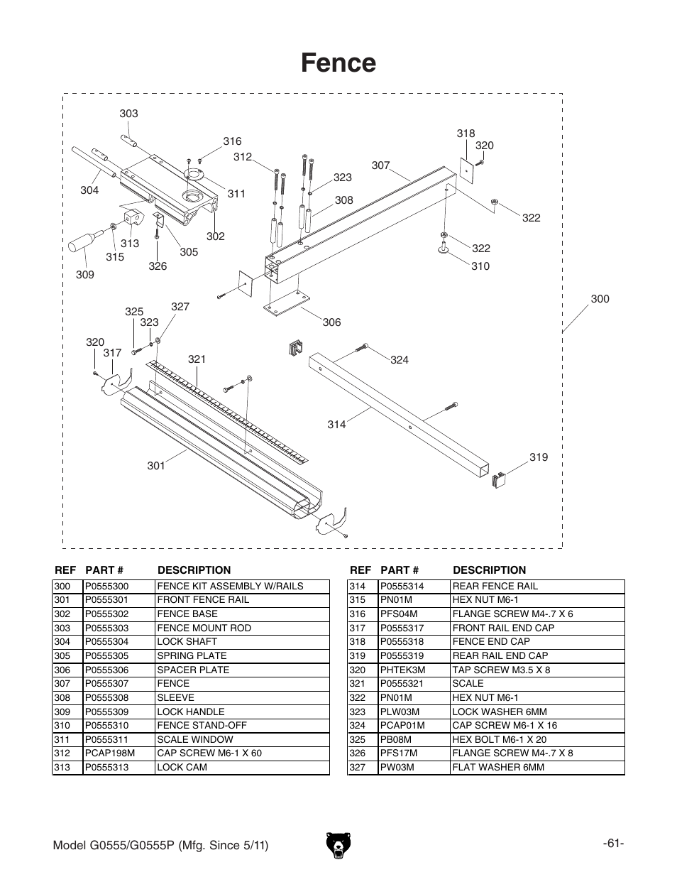 Fence | Grizzly Ultimate 14" Bandsaw G0555 User Manual | Page 63 / 68