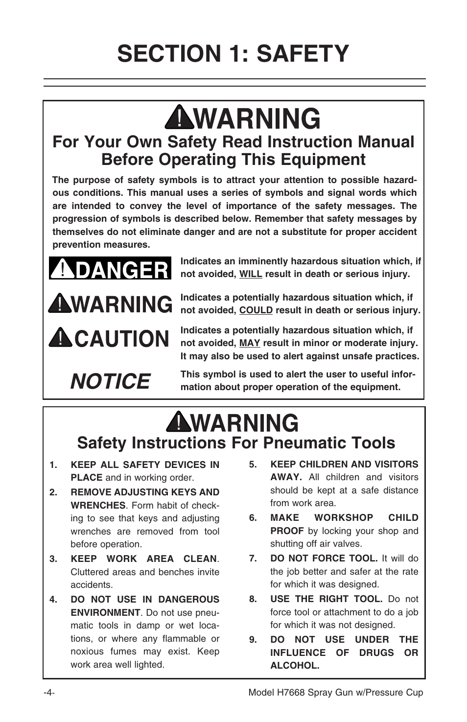 Notice, Safety instructions for pneumatic tools | Grizzly H7668 User Manual | Page 4 / 24