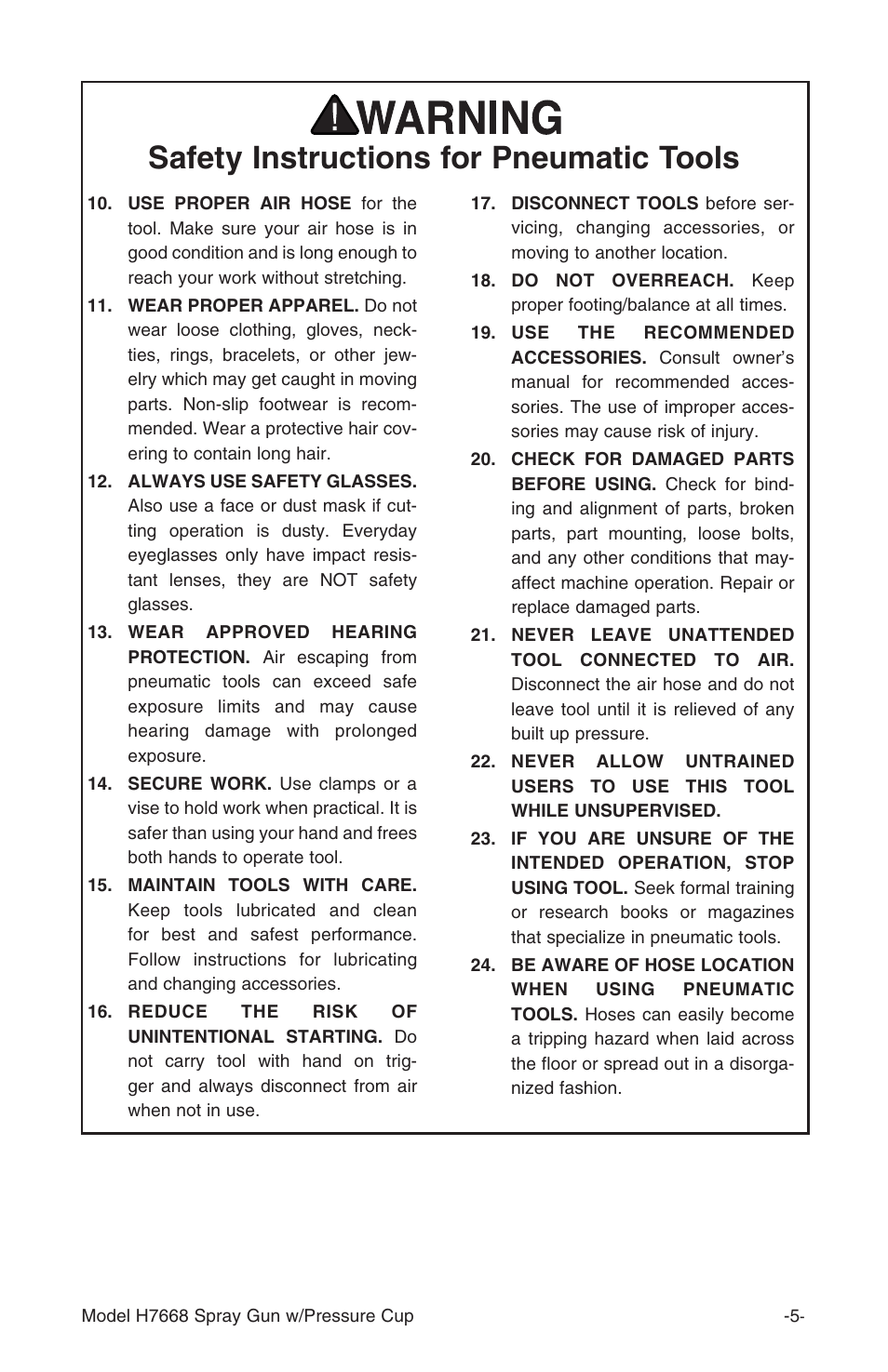 Safety instructions for pneumatic tools | Grizzly H7668 User Manual | Page 5 / 24