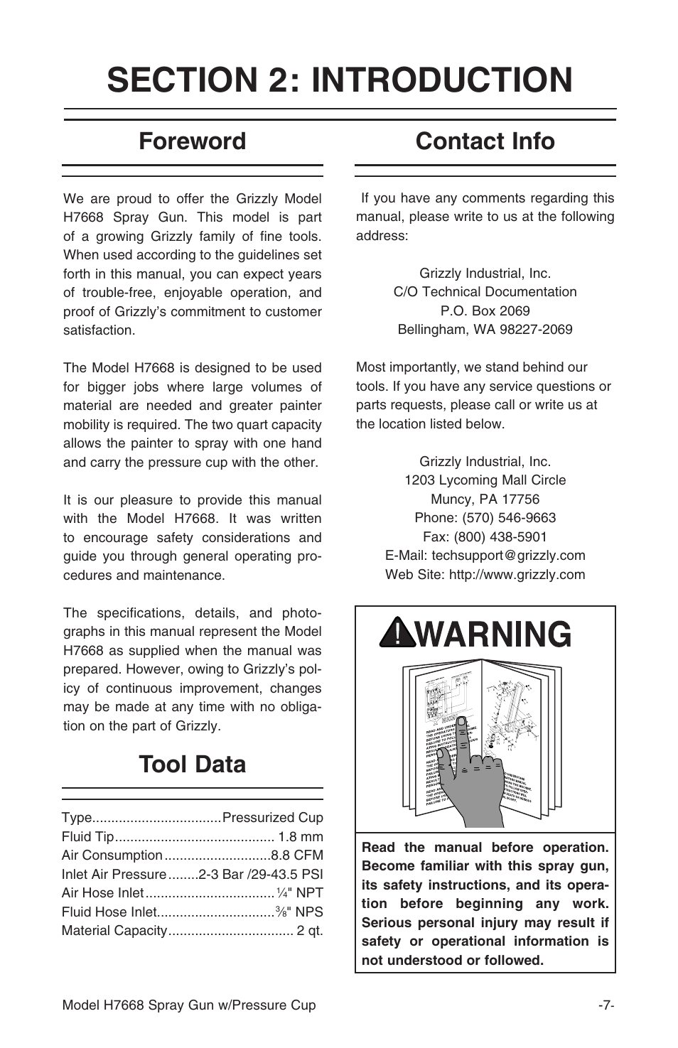 Foreword contact info tool data | Grizzly H7668 User Manual | Page 7 / 24