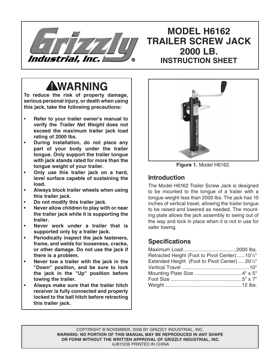Grizzly Trailer Screw Jack H6162 User Manual | 2 pages