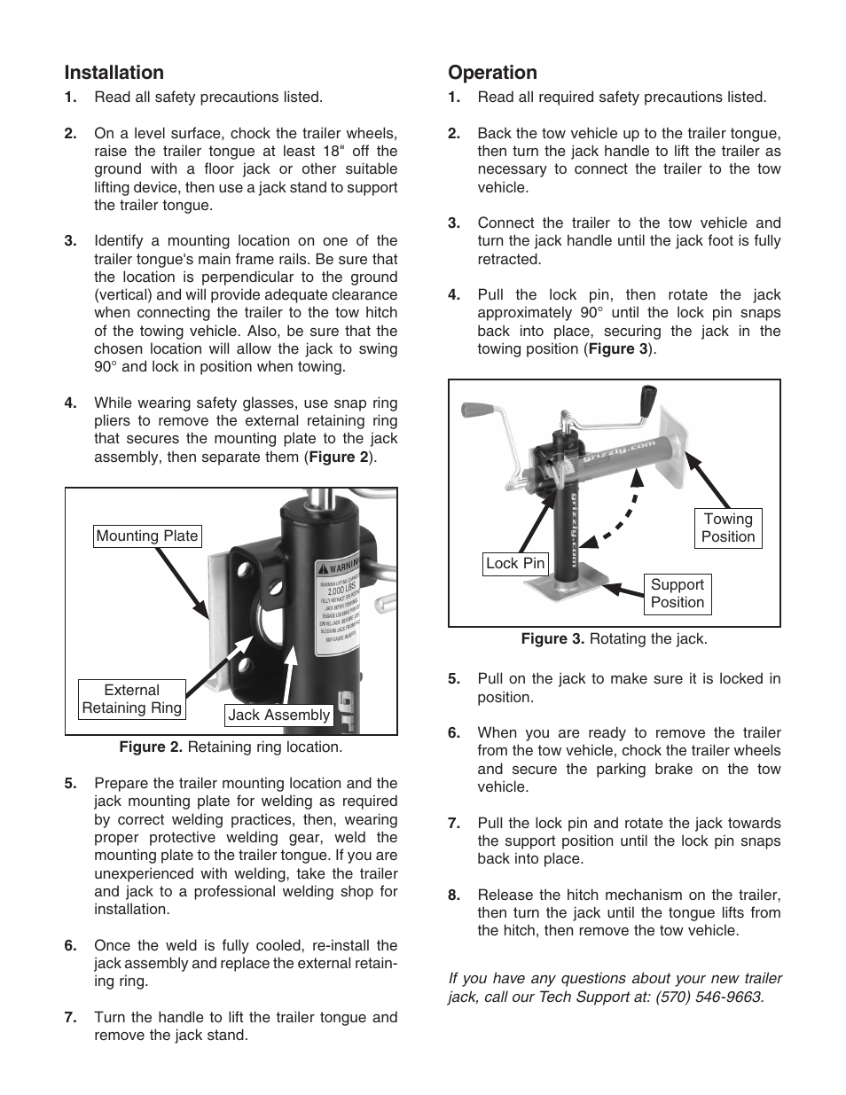 Operation, Installation | Grizzly Trailer Screw Jack H6162 User Manual | Page 2 / 2