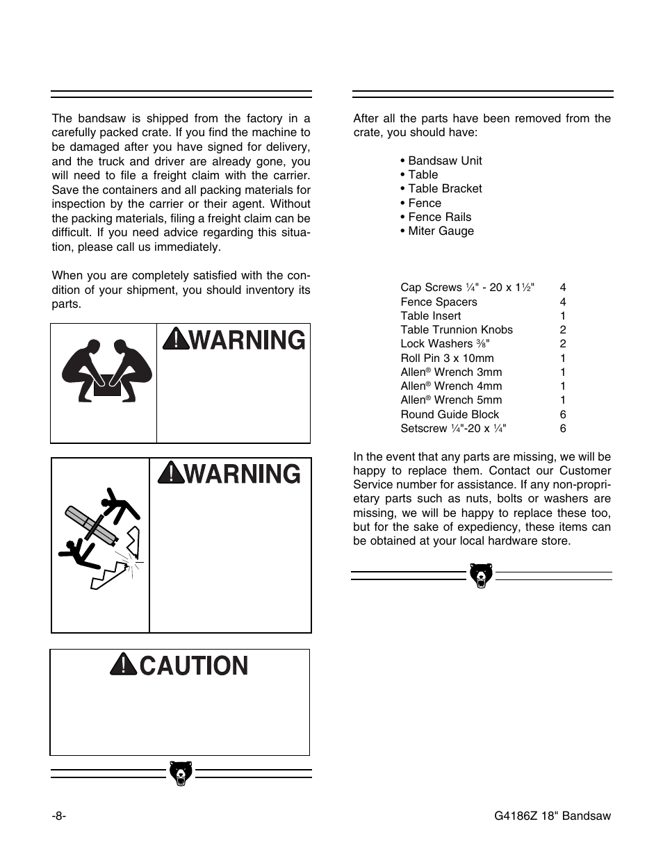 Unpacking, Parts inventory | Grizzly G4186Z User Manual | Page 10 / 48