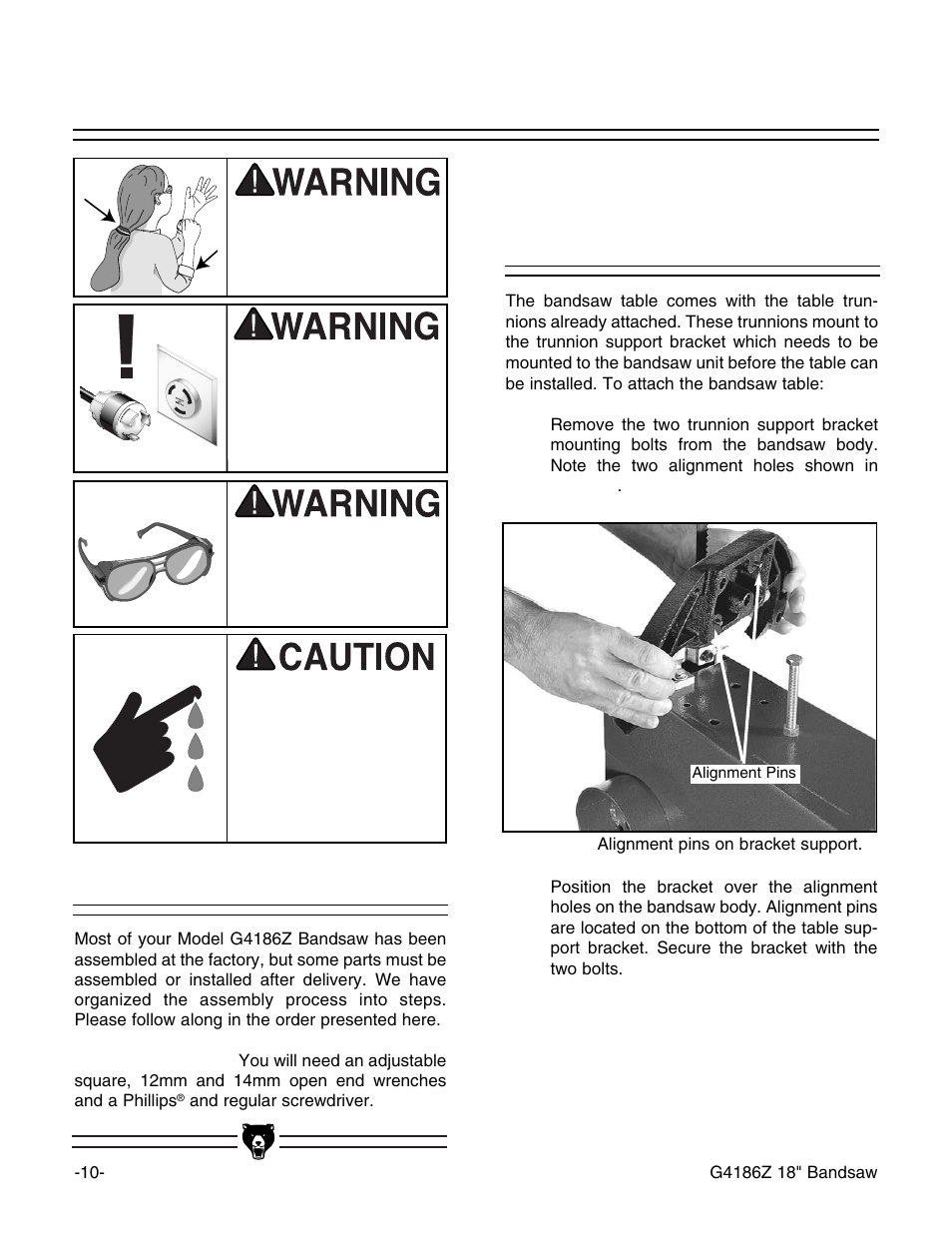 Table and support bracket, Beginning assembly | Grizzly G4186Z User Manual | Page 12 / 48