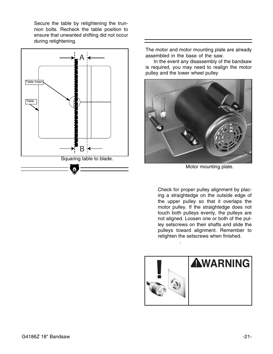 Belt tensioning | Grizzly G4186Z User Manual | Page 23 / 48